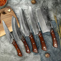 Caveman 5-piece butcher knife set with mahogany handles and high-carbon steel blades