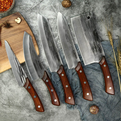 Caveman 5-piece butcher knife set with mahogany handles and high-carbon steel blades