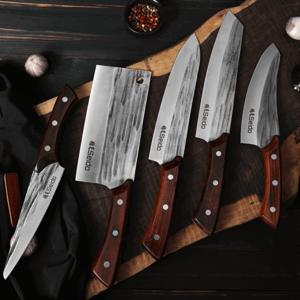 Caveman 5-piece butcher knife set with cleaver, boning, chef, kiritsuke and paring knives