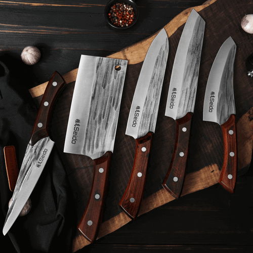 Caveman 5-piece butcher knife set with cleaver, boning, chef, kiritsuke and paring knives