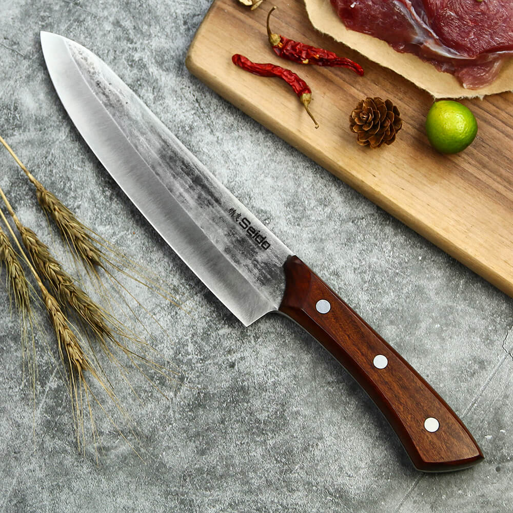 Hammer-forged high-carbon steel butcher knives with reddish-brown mahogany handles