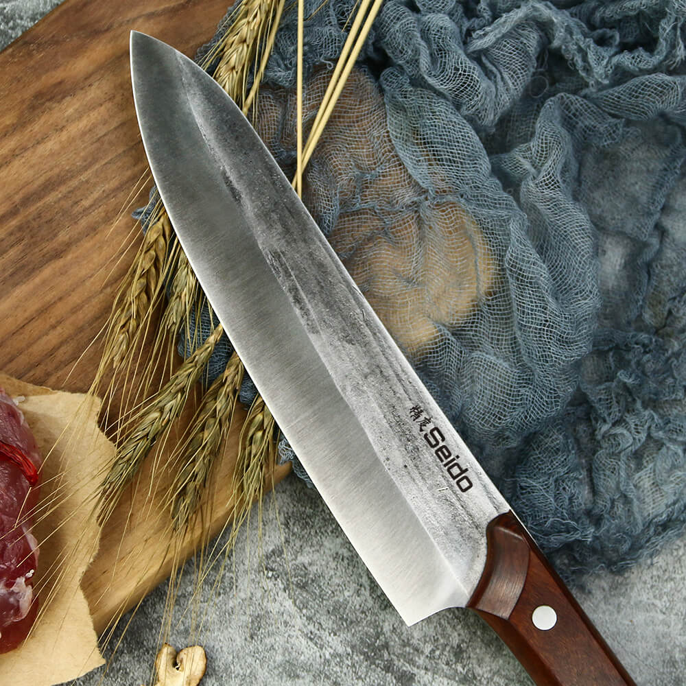 Caveman butcher knife set with black oxide finish blades and mahogany wood handles