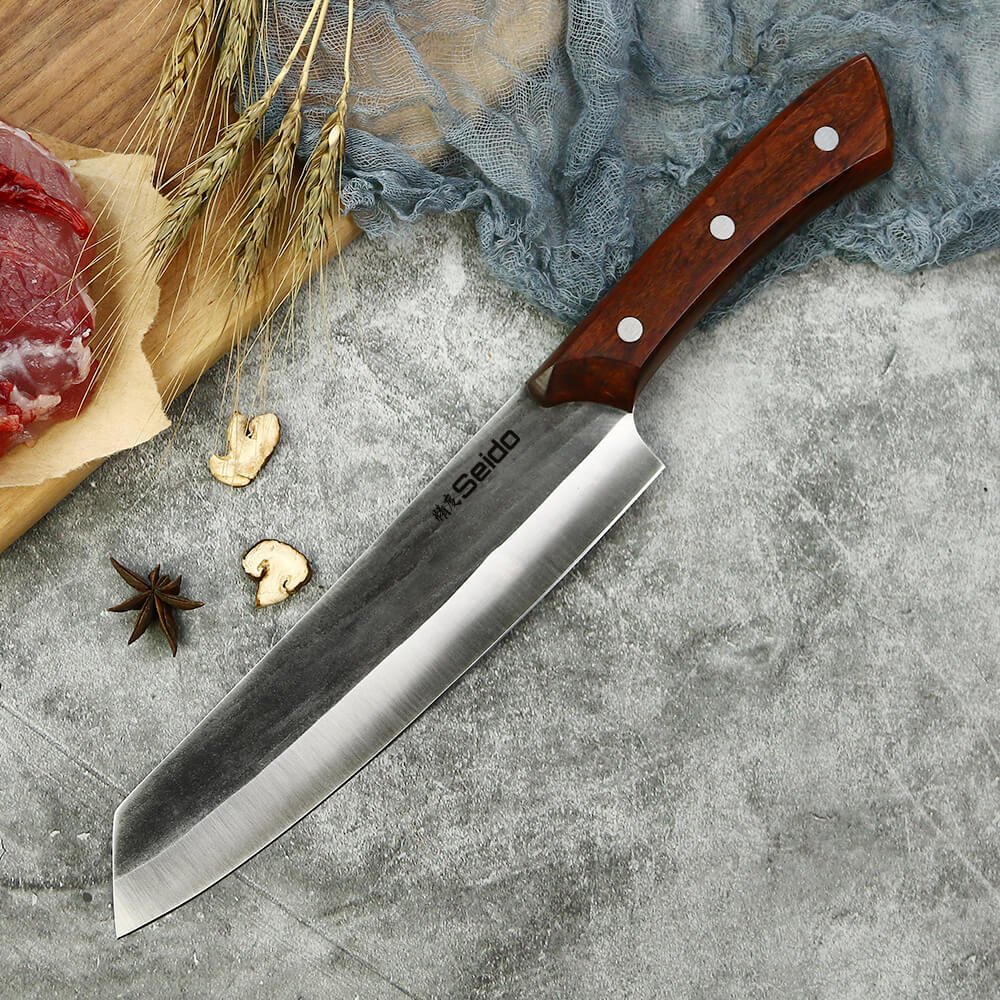 Full-tang Caveman butcher knives with straight-grain mahogany handles