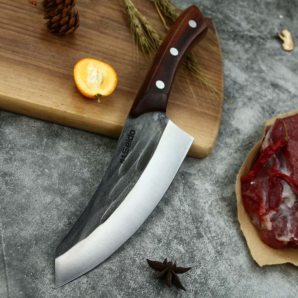 Caveman hammer-forged butcher knife with full-tang mahogany handle