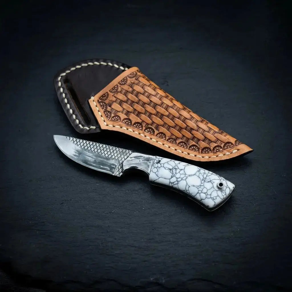 Compact 6 inch horse rasp cowboy skinner knife with stone handle
