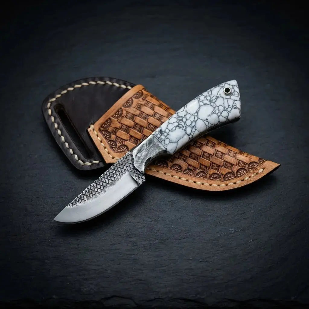 Small 3 inch blade cowboy skinner knife with steel bolster and stone grip