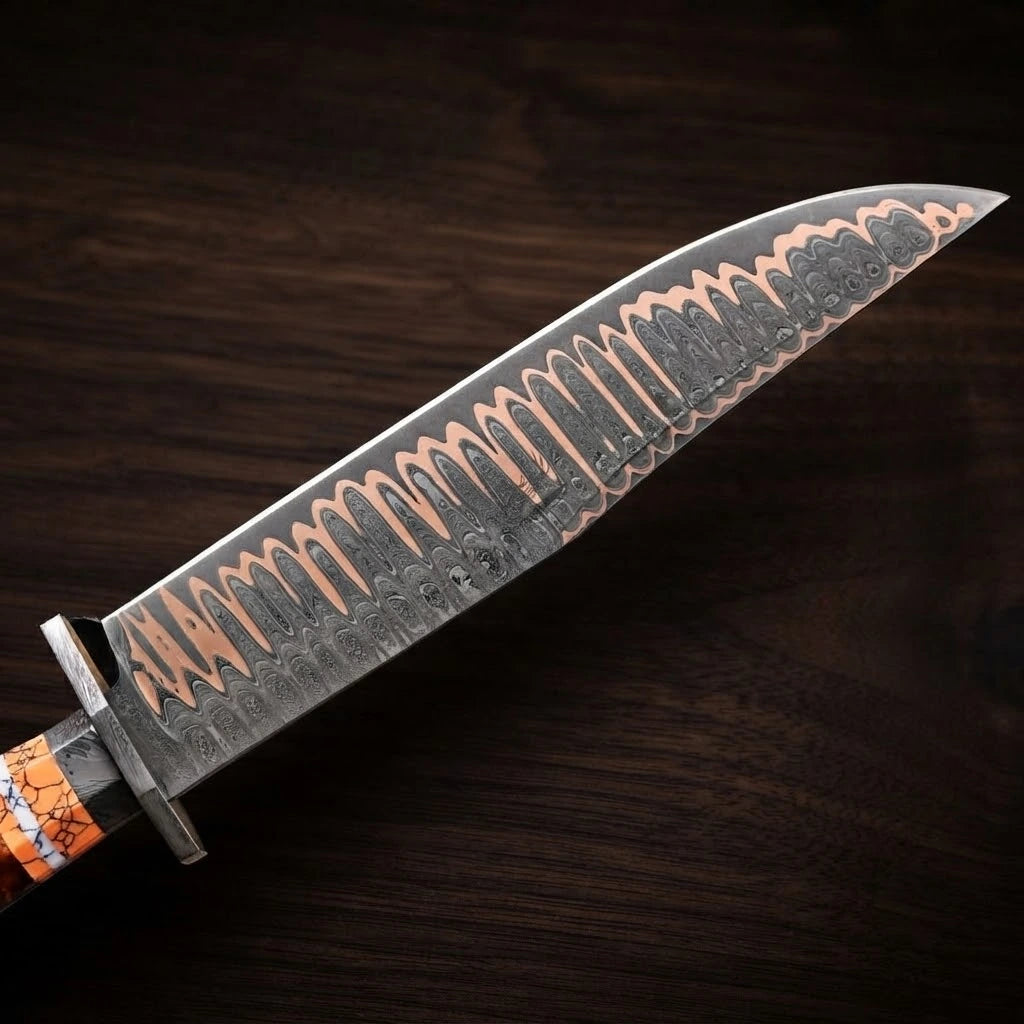 A detailed close-up shot of a custom Copper Damascus steel Bowie knife blade, highlighting the wavy layers of copper forged between patterned Damascus steel on a dark wood grain background