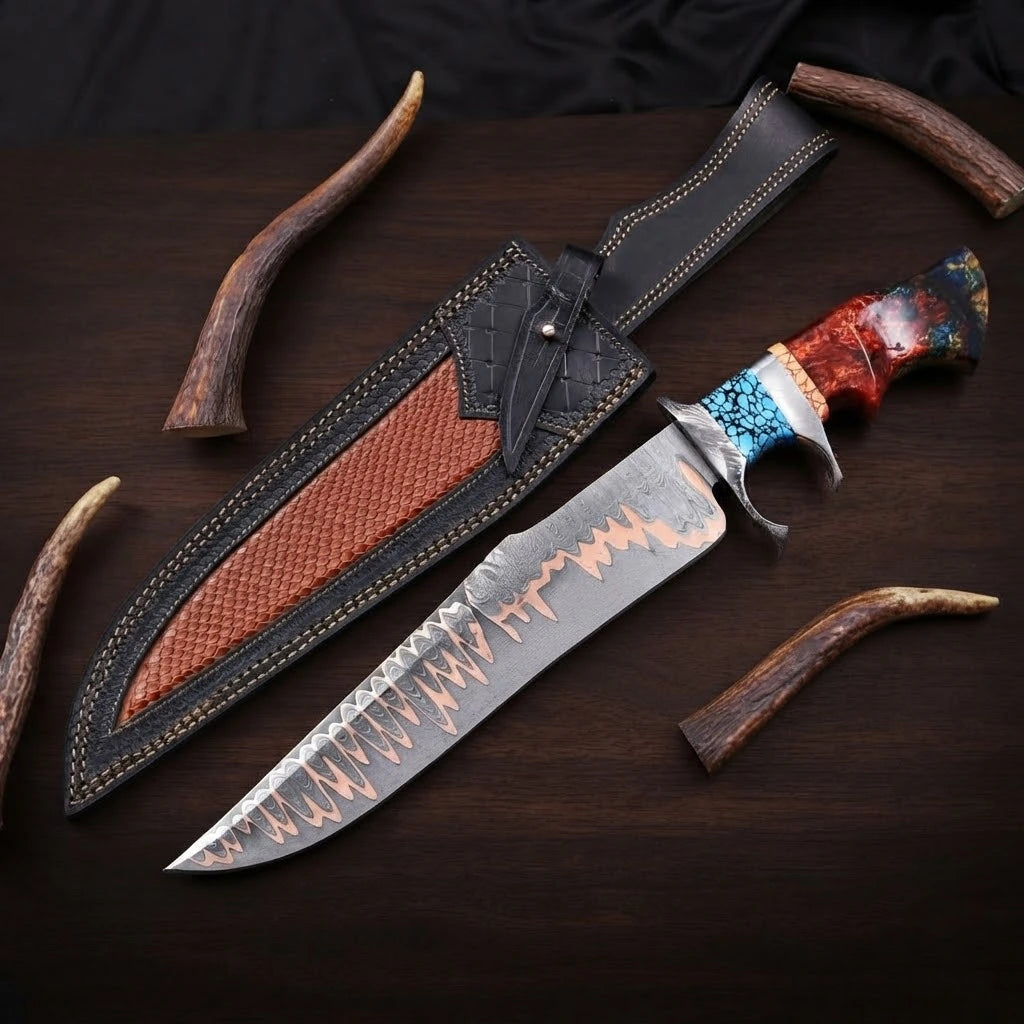 Copper Damascus Bowie knife with a steel double guard, turquoise and red resin hybrid handle, next to a black and brown leather sheath on a dark wood background.