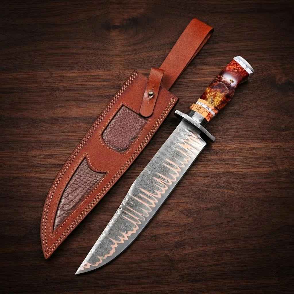 A handcrafted Copper Damascus steel Bowie knife featuring a long clip-point blade with visible copper layers, a dark metal handguard, and a hybrid fire-resin and faux stag horn handle, displayed next to its custom brown leather sheath with alligator-skin texture inserts on a dark wood background.