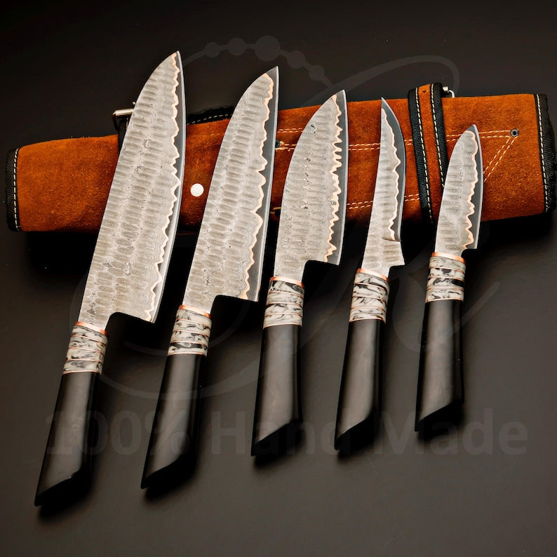 Copper Damascus 5-piece Japanese-style chef knife set with Cu-Mai raindrop pattern