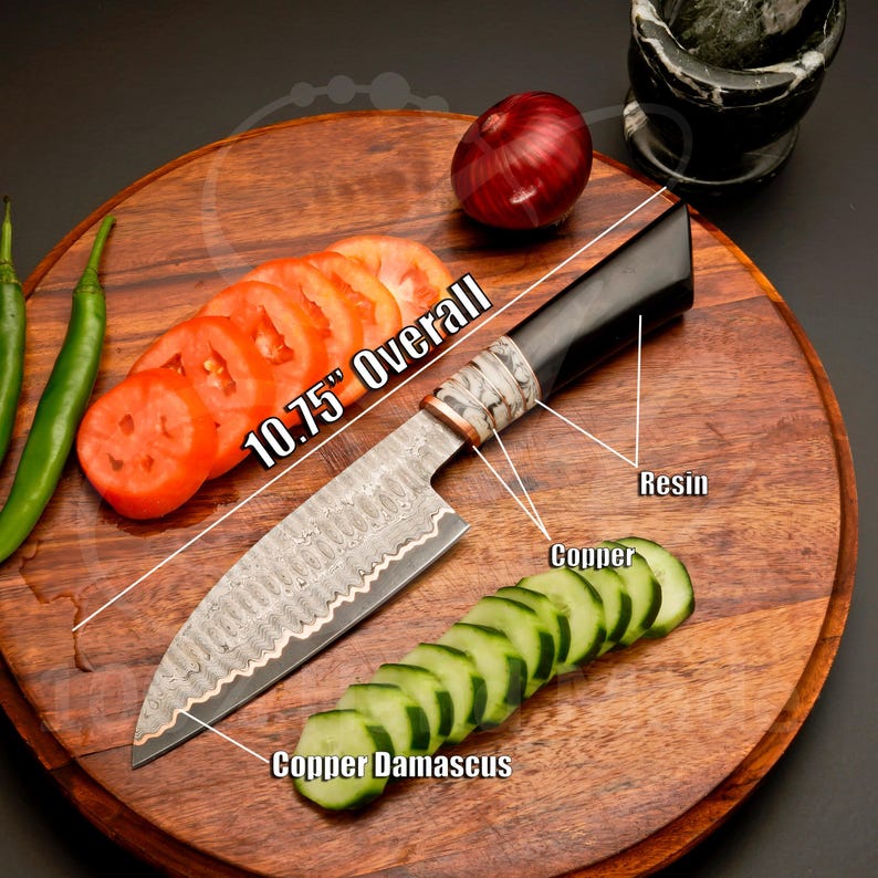 Japanese-style copper Damascus kitchen knife set with copper detailing
