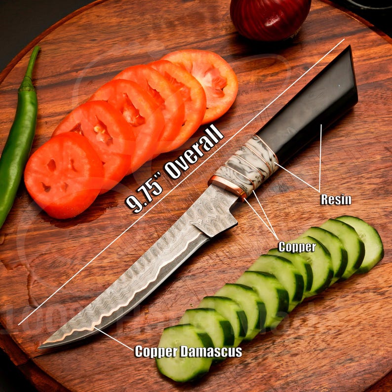 Cu-Mai raindrop pattern copper Damascus chef knives, hand-sharpened 15 degree edge