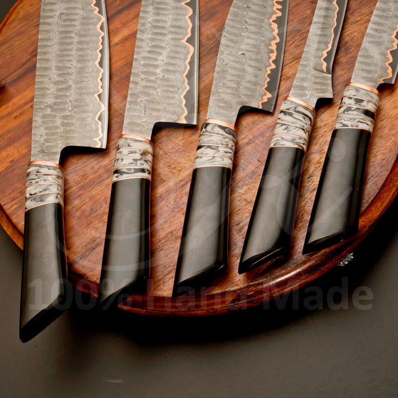 Copper Damascus Japanese-style knife set with leather roll for storage