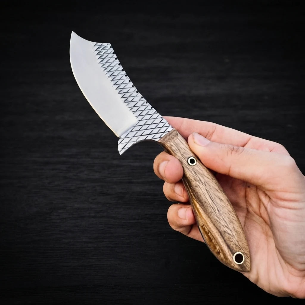 A hand holding the Cowboy Cutter Knife, showcasing the cross-hatched rasp steel blade texture and natural wood handle against a dark wood background
