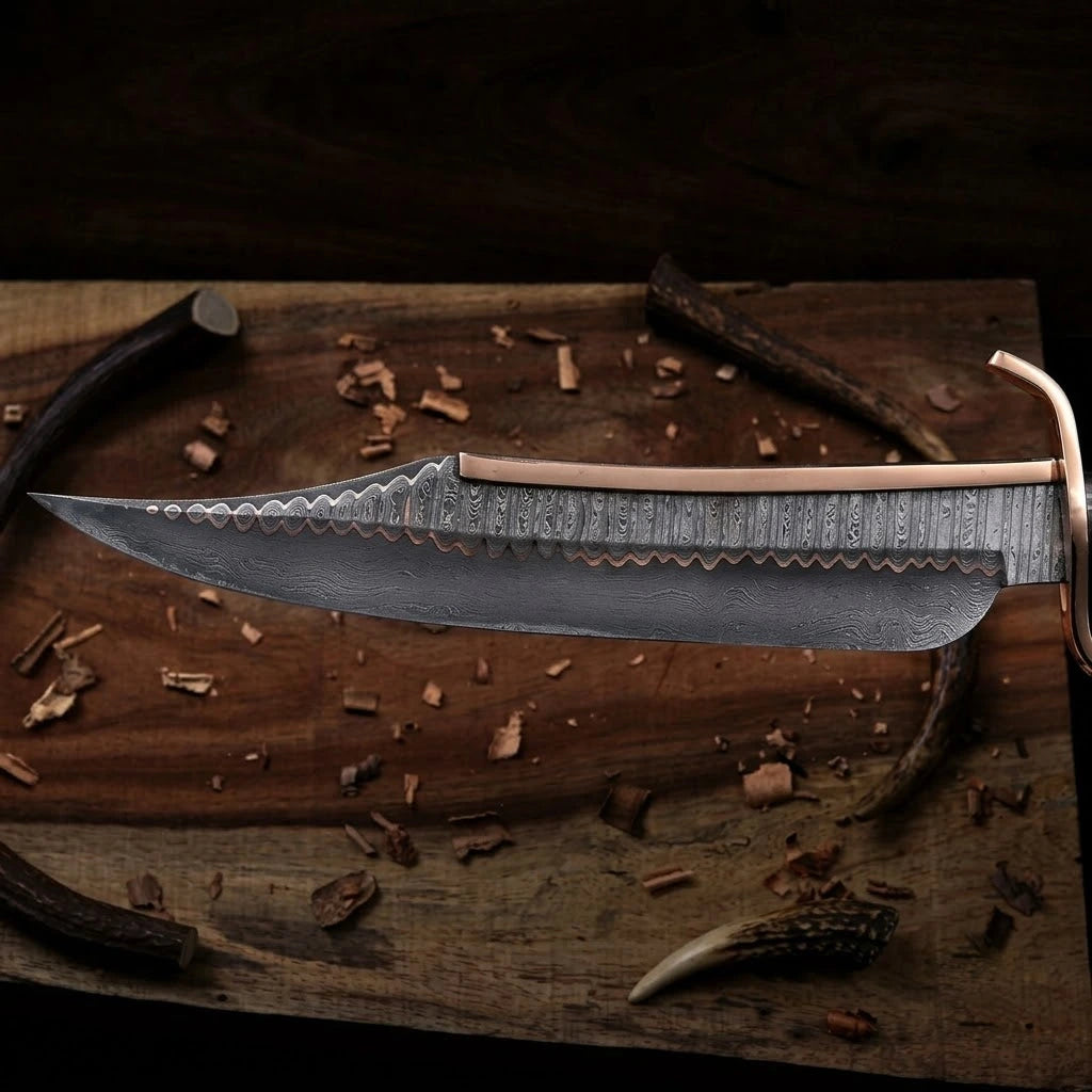 A detailed horizontal close-up profile of a custom hand-forged Bowie knife blade, showcasing an intricate layered Damascus steel pattern with a distinct wavy copper or brass core line, a thick brass spine plate, and a brass guard, set against a rustic dark wood background with scattered antler pieces.