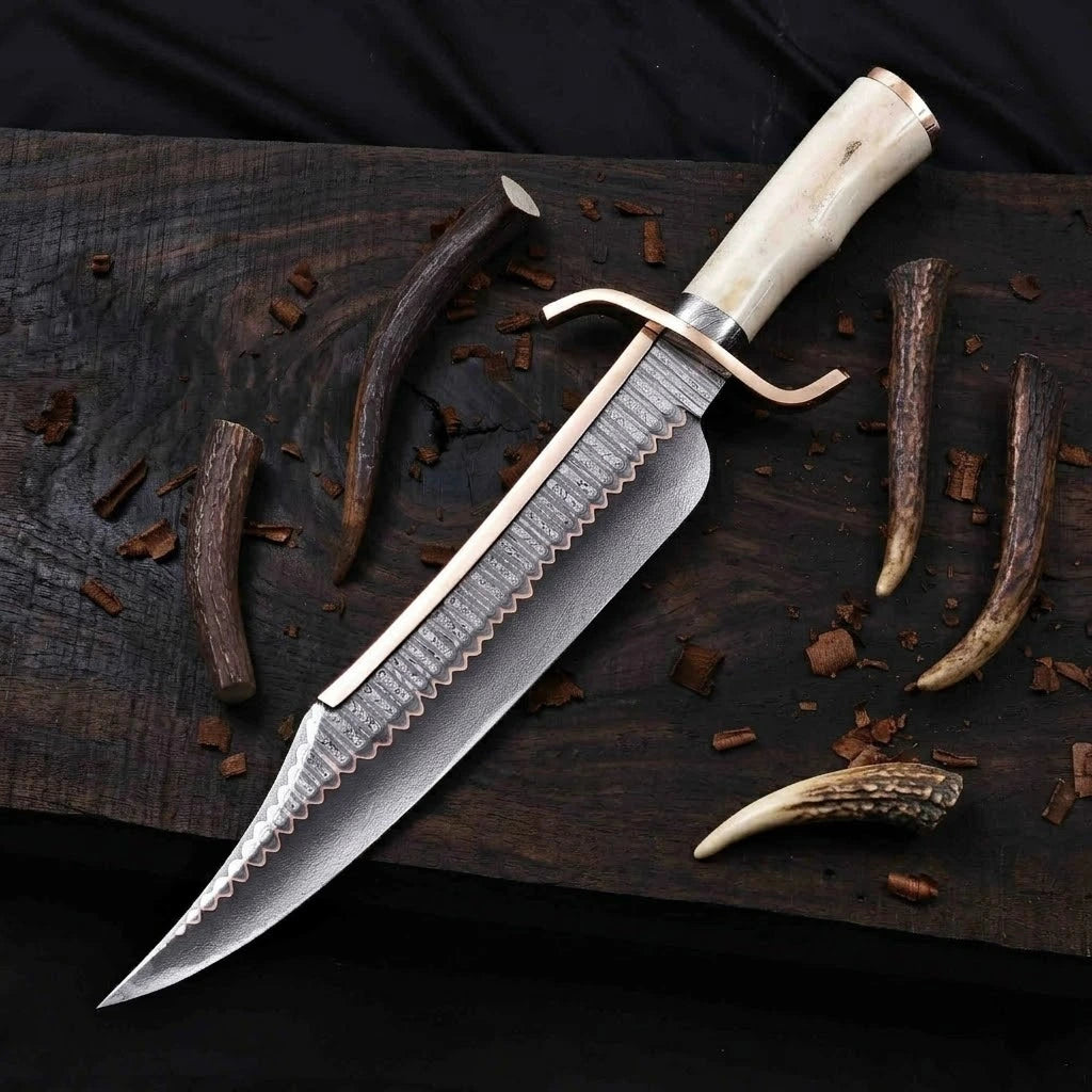 A detailed top-down view of a custom hand-forged Bowie knife showcasing an layered Damascus steel blade with a thick brass spine tracker plate, an ergonomic polished bone handle, and a curved brass handguard, surrounded by scattered deer antler tips on a dark rustic wood block background