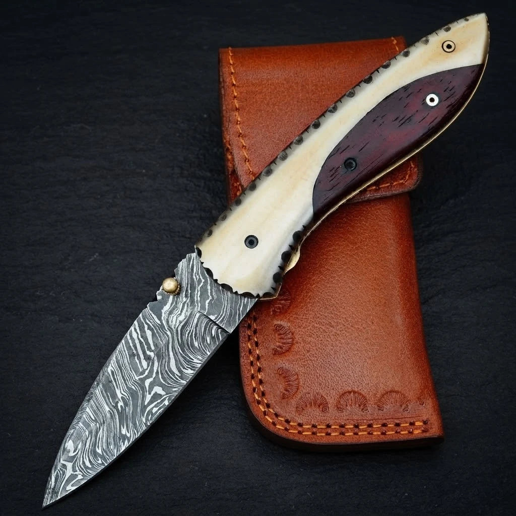 Custom handmade Damascus folding pocket knife with blood wood handle – photo 1