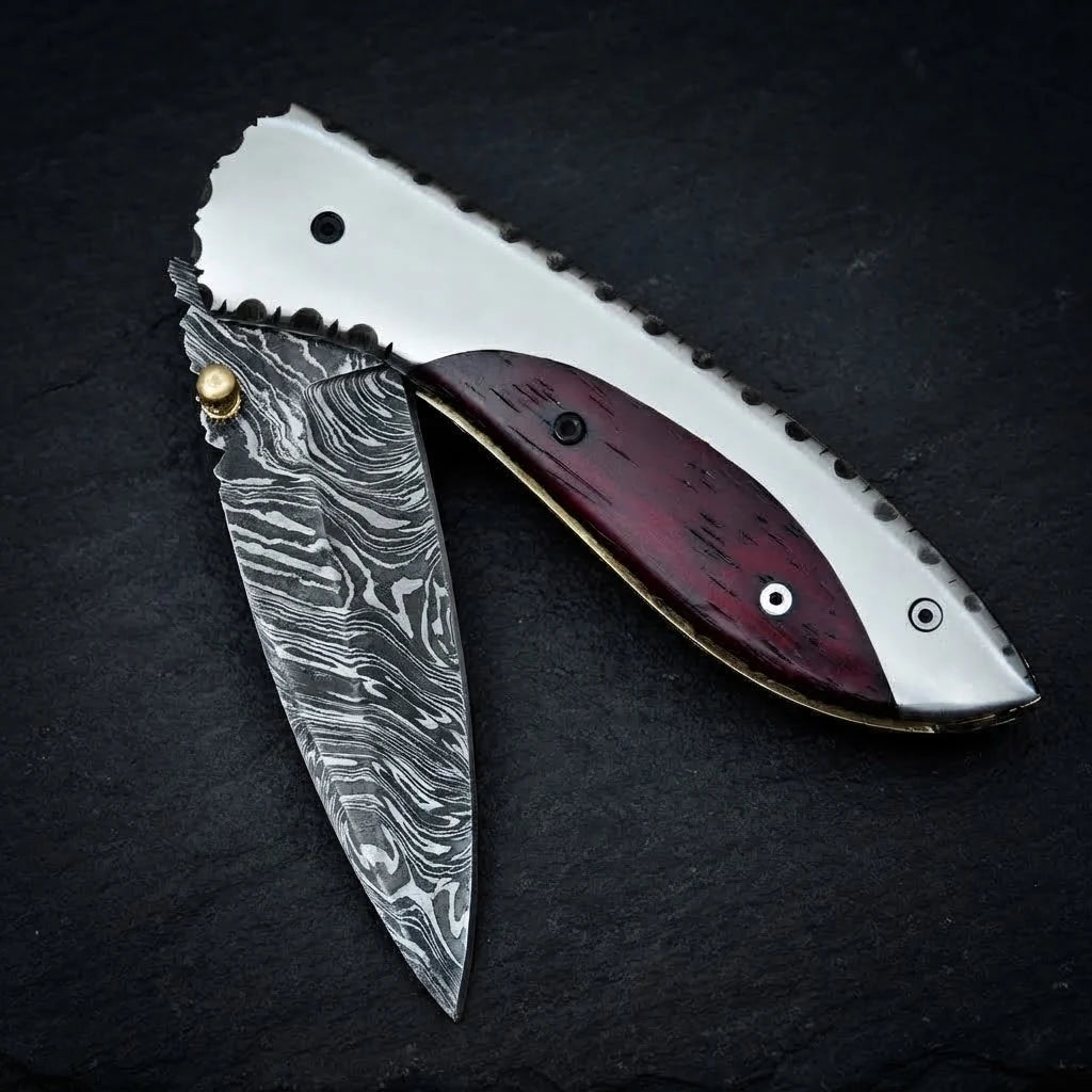 Custom handmade Damascus folding pocket knife with blood wood handle – photo 4