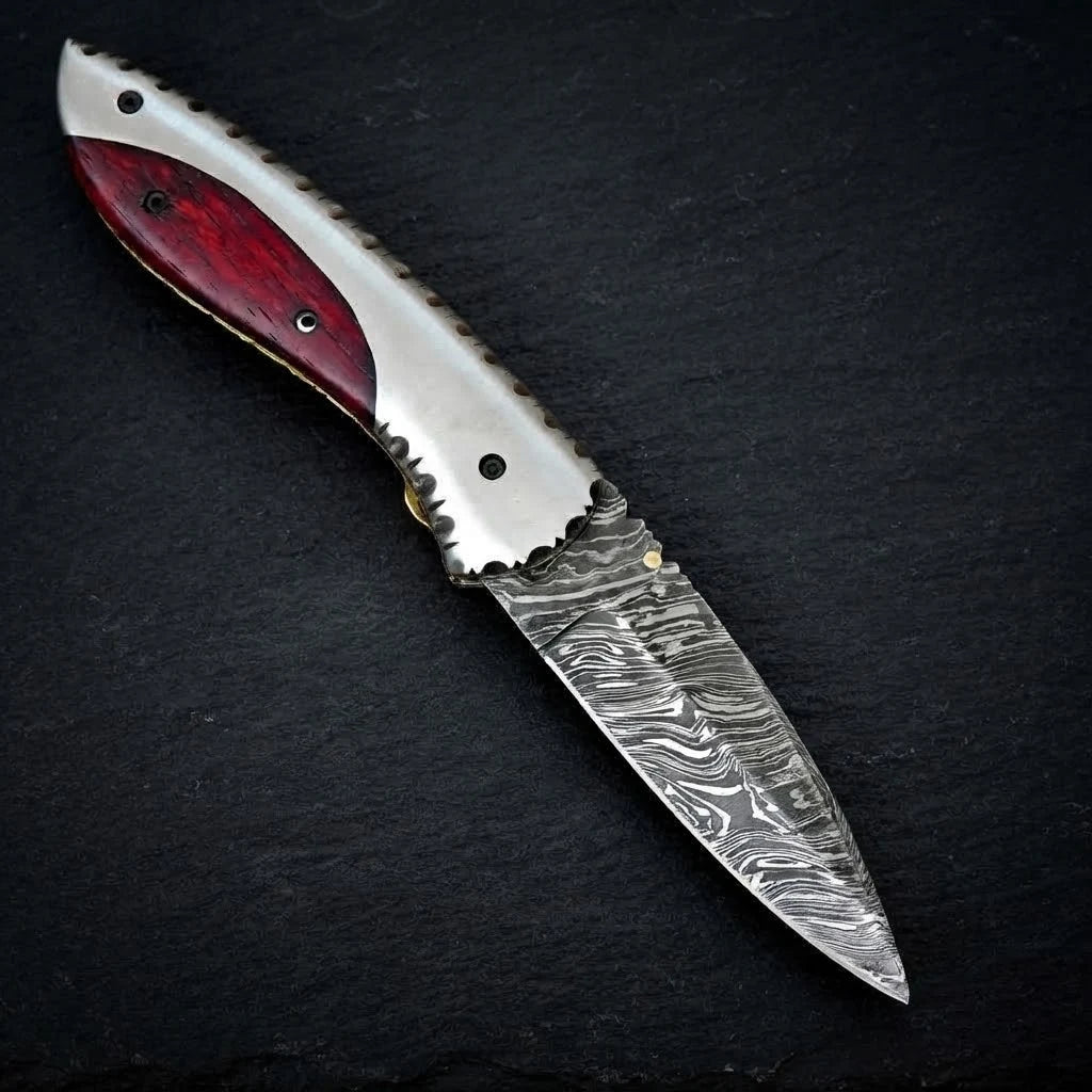 Custom handmade Damascus folding pocket knife with blood wood handle – photo 5