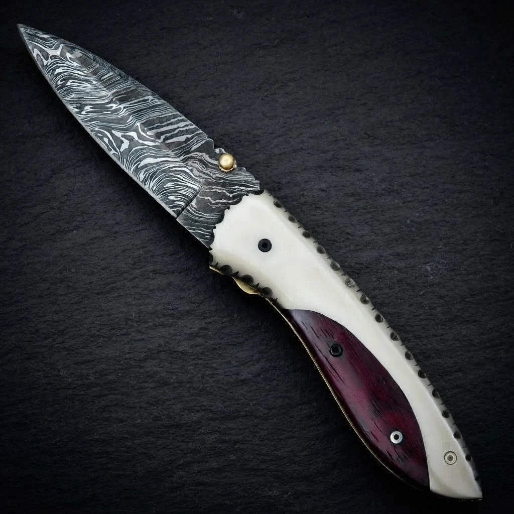 Custom handmade Damascus folding pocket knife with blood wood handle – photo 6