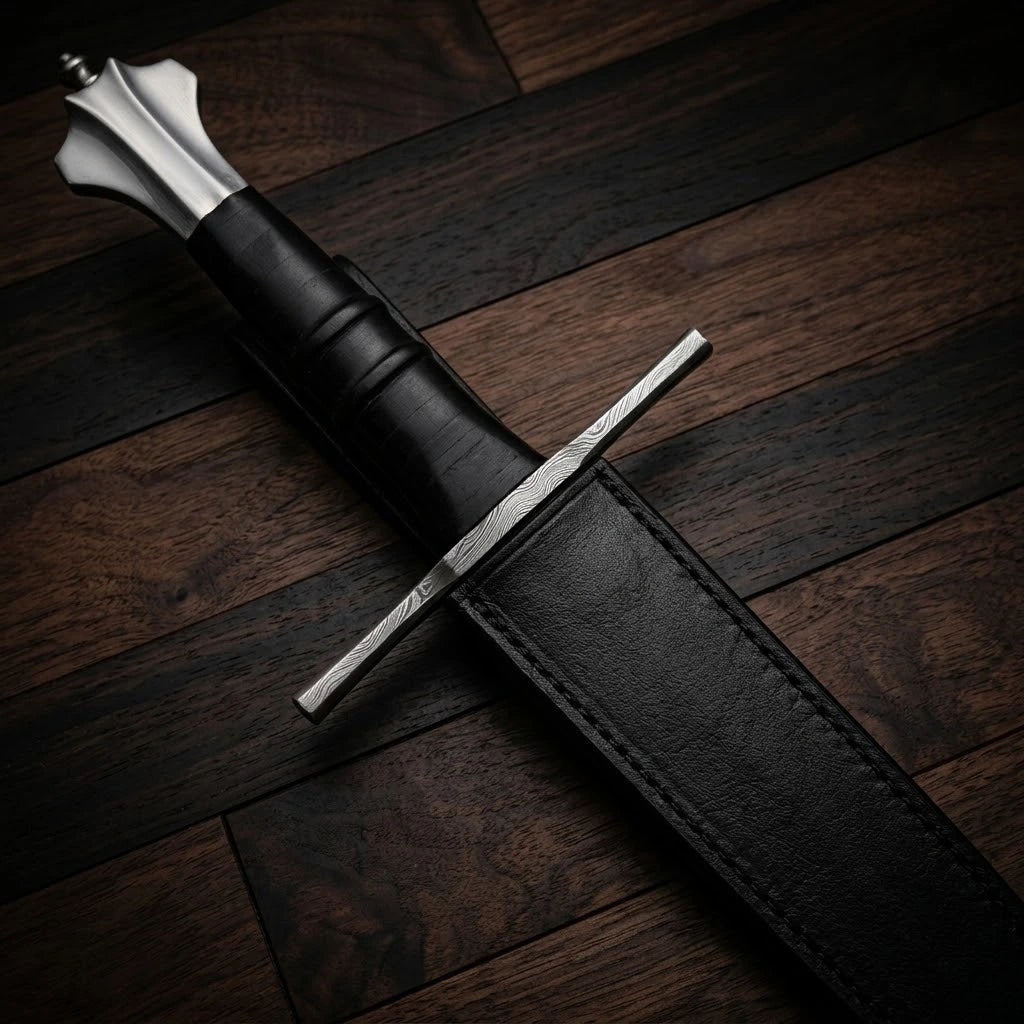 A custom medieval dagger inside a black leather scabbard, showcasing a polished steel fluted pommel, a ribbed black handle, and a distinct Damascus steel patterned crossguard, resting diagonally on a dark wood panel background.