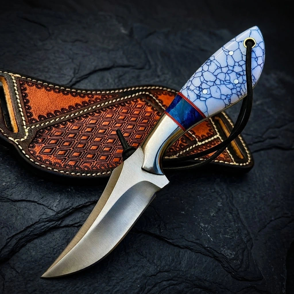 Custom steel hunting knife with a blue and white handle and leather sheath