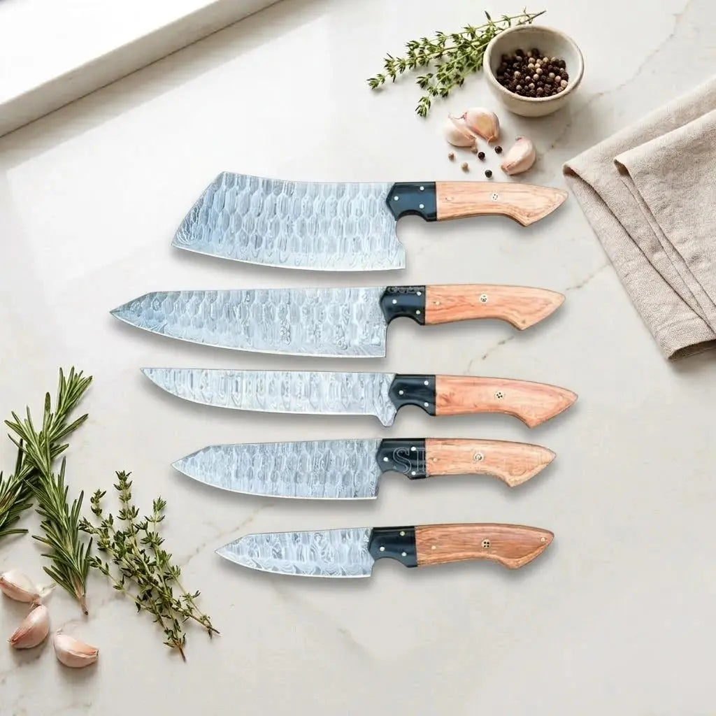 5-piece Damascus chef knife set with wood handles: cleaver, santoku, slicing, chef and paring knives
