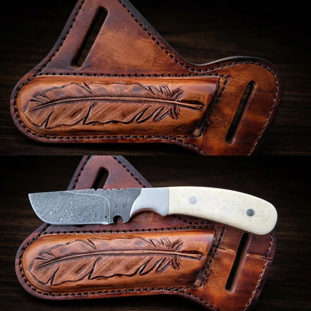 A two-panel product collage showing a handmade cowboy belt knife set; the top image displays an empty brown leather pancake belt sheath with a detailed hand-carved feather, and the bottom image shows the custom Damascus steel knife with a bone handle resting on top of the same sheath.