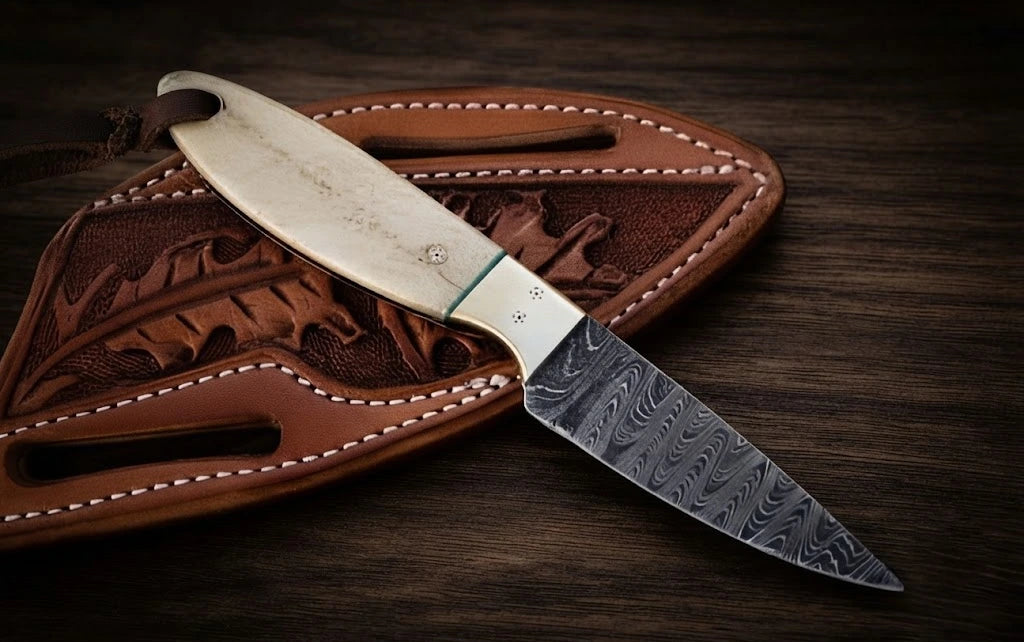 A handmade Damascus steel cowboy belt knife featuring a patterned drop-point blade, a brass bolster with decorative star pins, and a polished bone handle divided by a thin turquoise accent spacer, resting on a brown leather pancake sheath tooled with oak leaf patterns on a dark wooden background