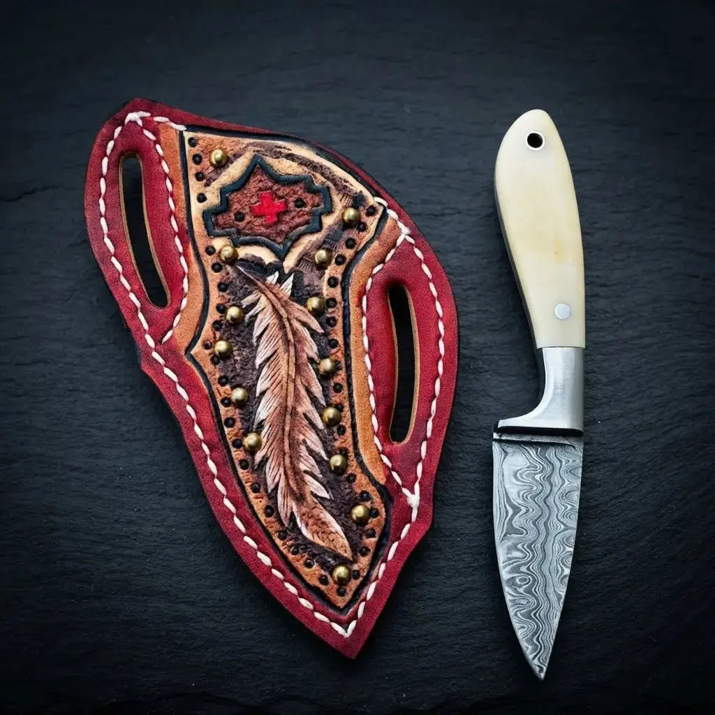 Small 6 inch Damascus fixed blade cowboy knife with polished steel bolster