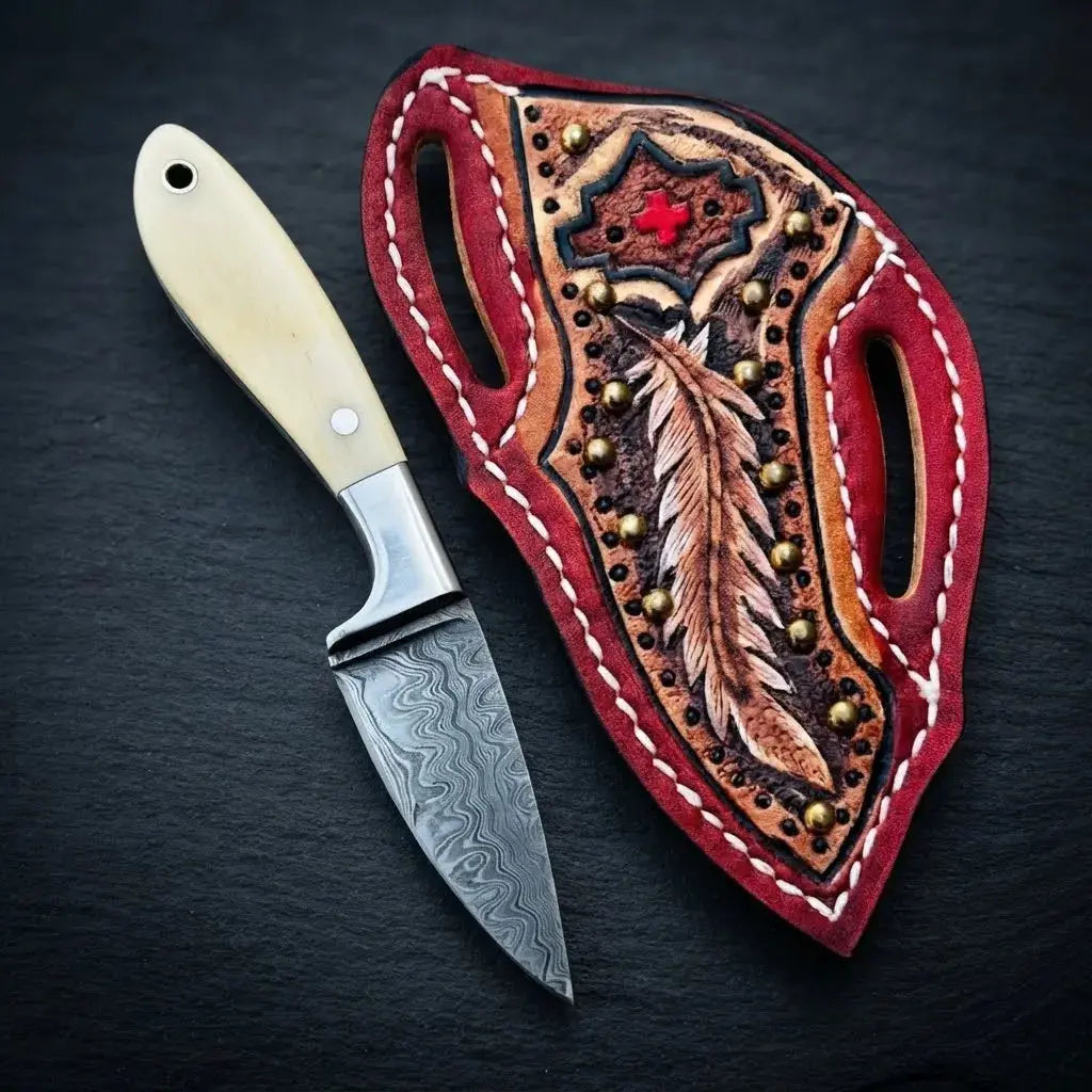 Bone and buffalo horn handled Damascus cowboy knife with 2.5 inch blade