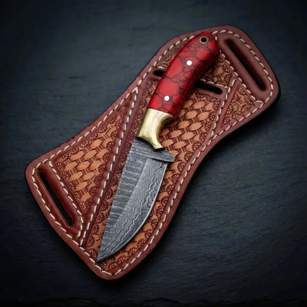 8 inch Damascus cowboy knife with hand tooled leather sheath