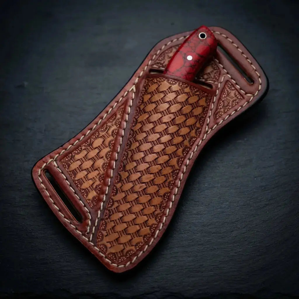 Patterned high-carbon Damascus blade western knife with brass bolster and sheath