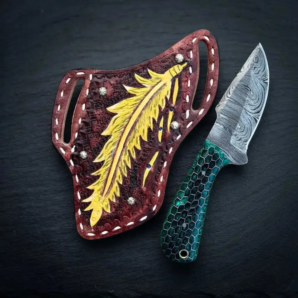 Damascus steel cowboy knife with resin handle and steel bolster, 6 inch