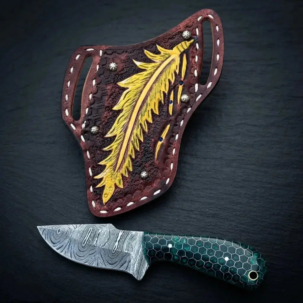 Damascus cowboy knife with Texas flag hand-stitched leather sheath