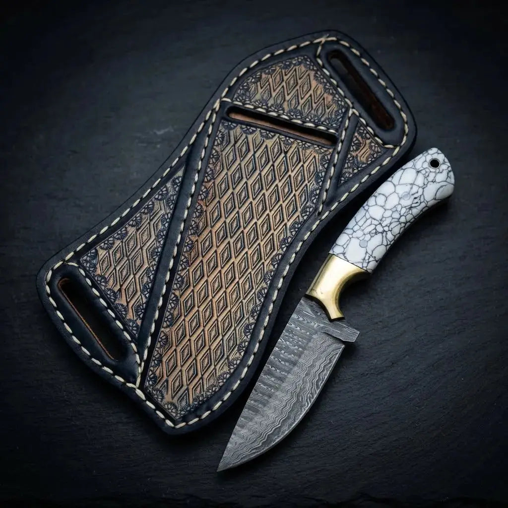 Damascus cowboy knife with stone handle, brass bolster and leather pancake sheath
