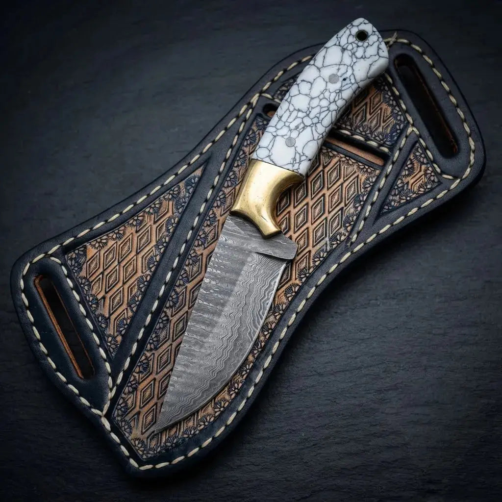 High-carbon Damascus steel cowboy knife blade with stone handle