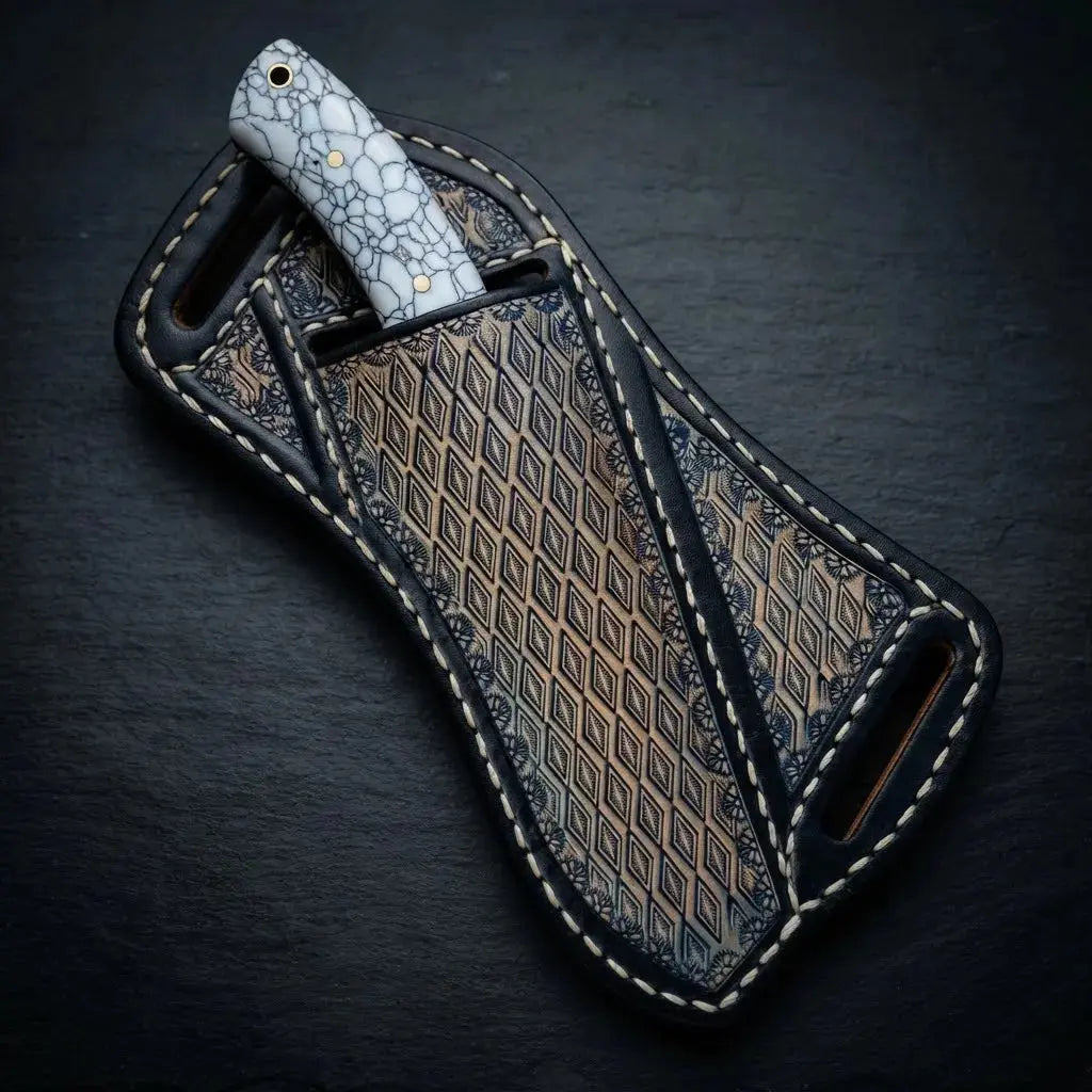 Hand-stitched leather pancake sheath for Damascus cowboy knife
