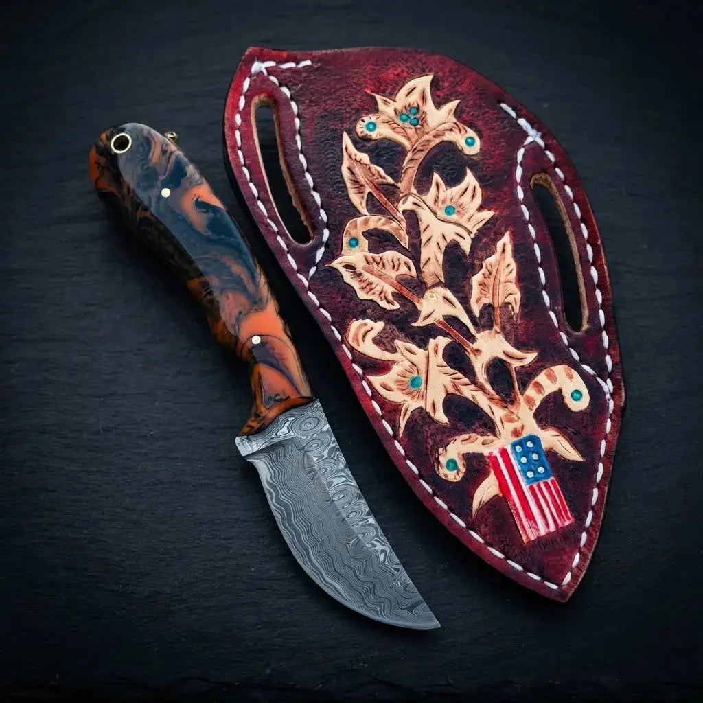 Damascus cowboy knife with Texas and American flag leather sheath and resin handle