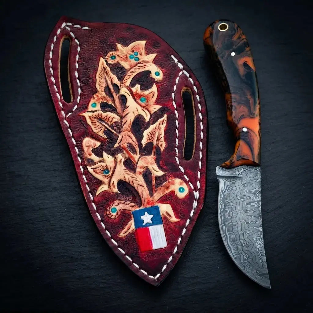 6.5 inch Damascus steel cowboy knife with resin and steel handle