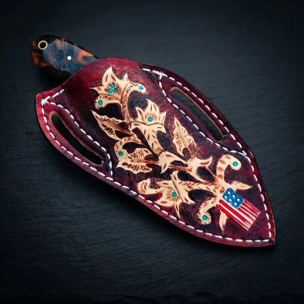 Hand-stitched leather knife sheath with Texas and American flag for Damascus cowboy knife