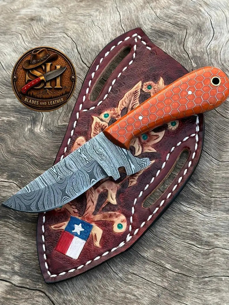 Compact Damascus fixed blade cowboy knife for hunting and ranch work