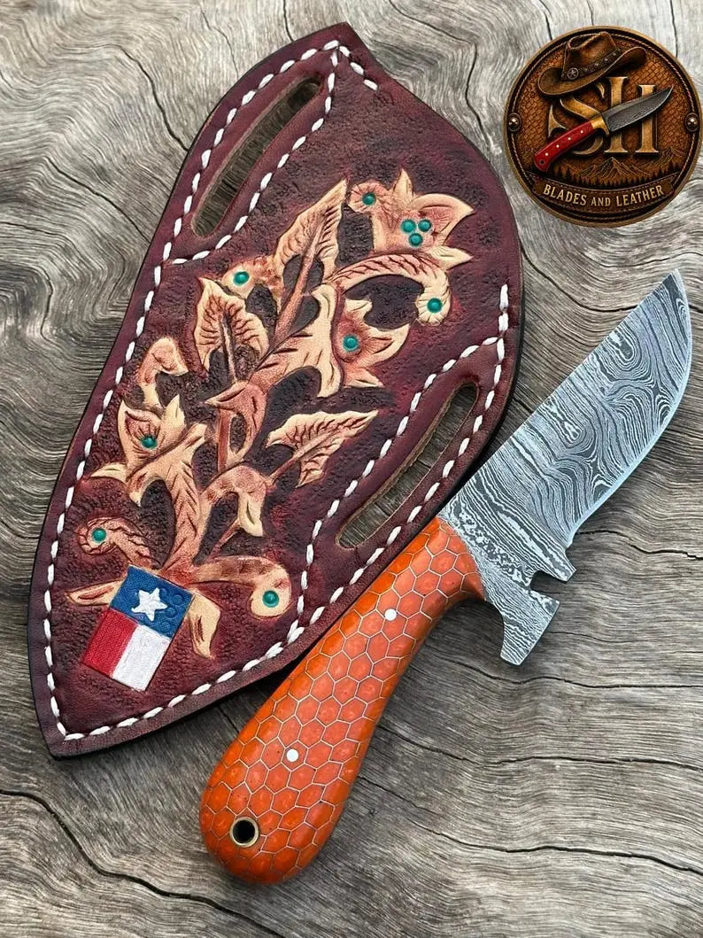 Western-style Damascus skinning knife with resin handle and steel bolster