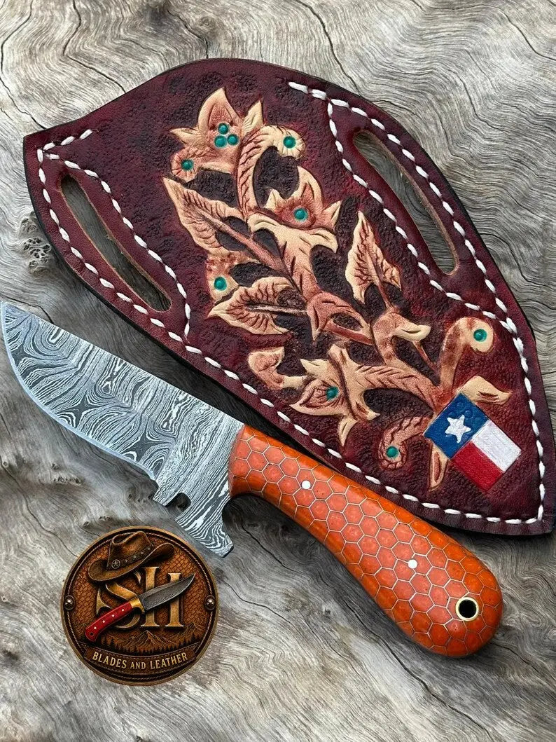 Damascus cowboy skinner knife, a gift for hunters and cowboys