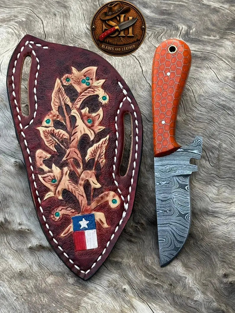 Small fixed blade Damascus skinner knife with ergonomic resin handle