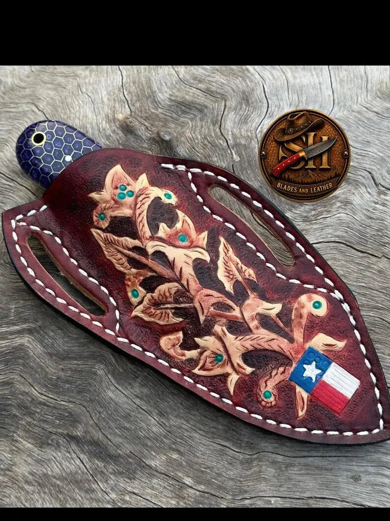 6.5 inch Damascus steel cowboy knife with genuine leather carry sheath