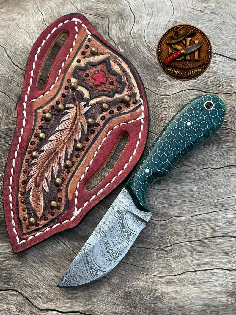 Handmade Damascus cowboy skinner knife and stitched leather sheath set