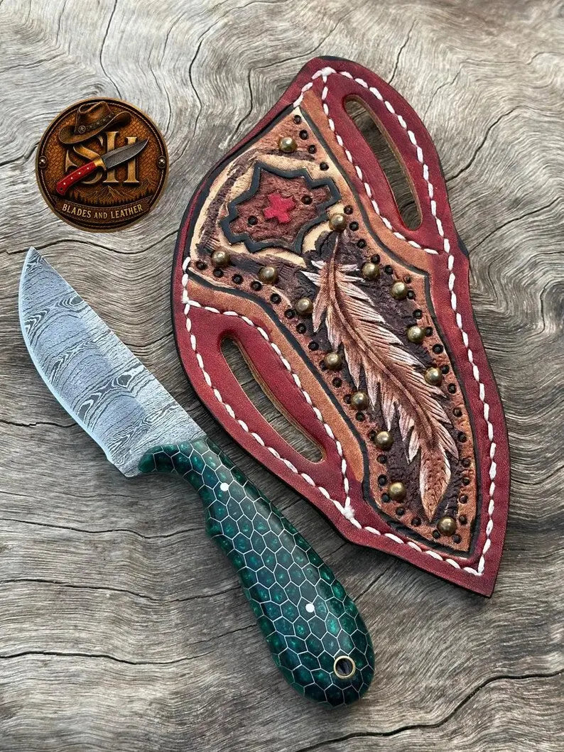 Damascus steel skinning knife for hunters, ranchers and collectors