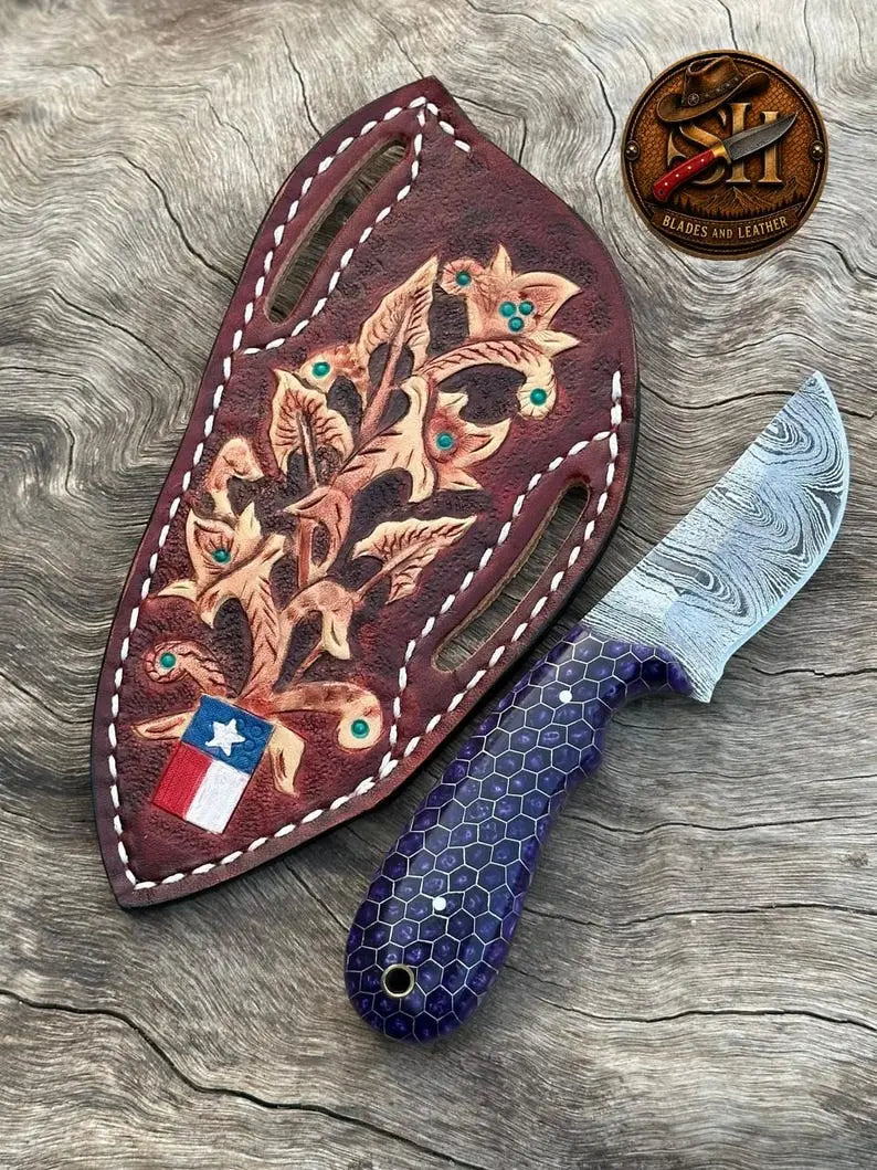 Resin-handled Damascus cowboy skinner knife with 3 inch blade