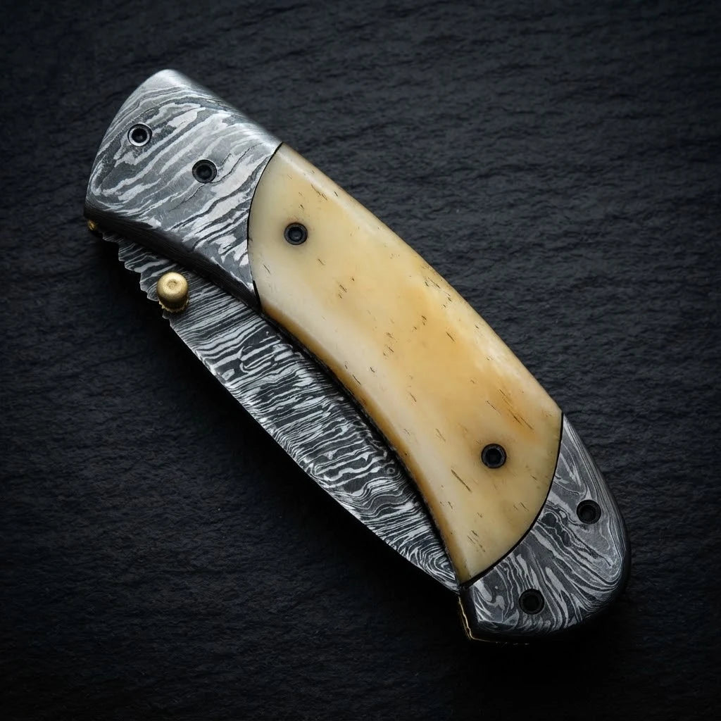 Handmade Damascus folding pocket knife with camel bone handle – photo 3